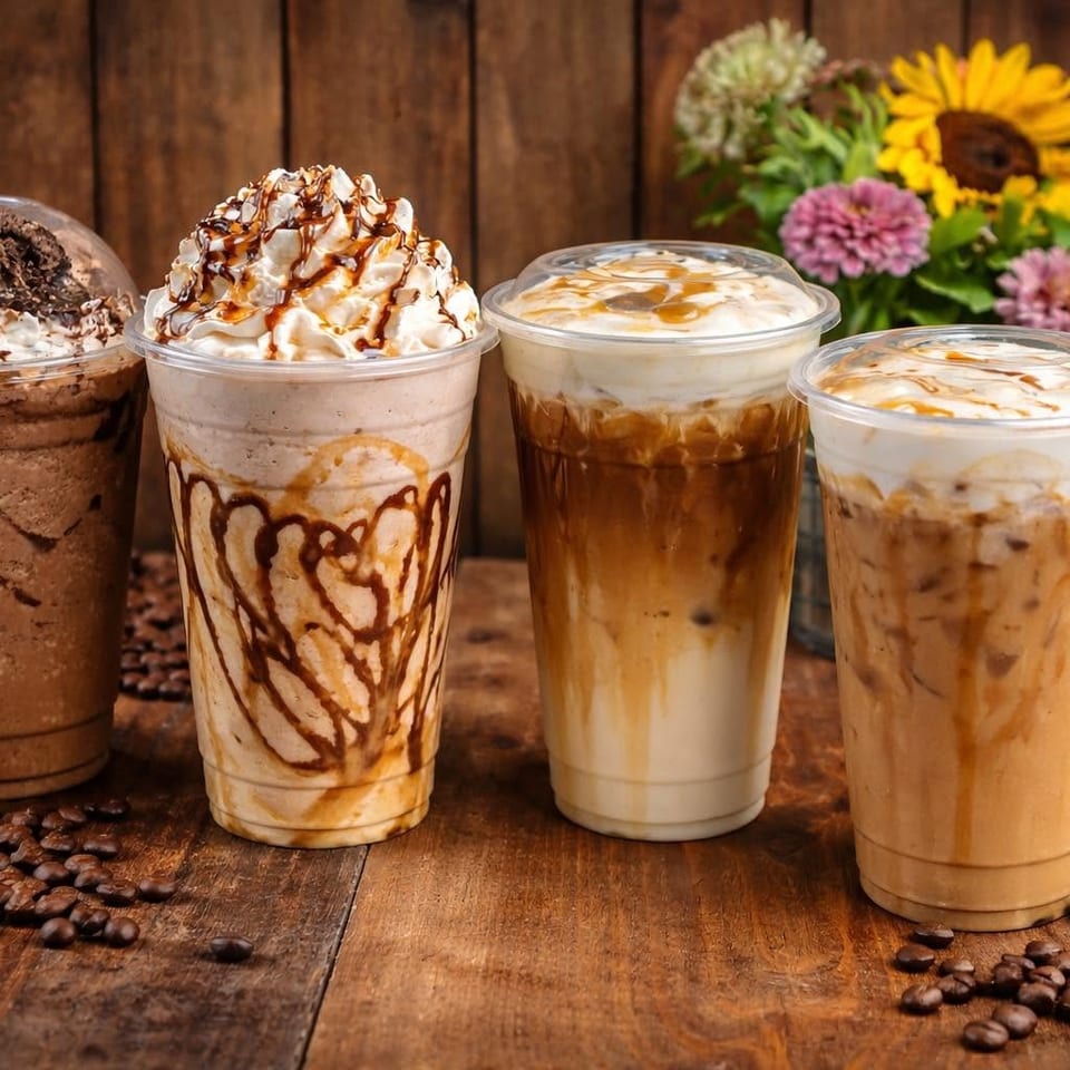 Four iced coffee drinks on a wooden table with coffee beans and flowers in the background.